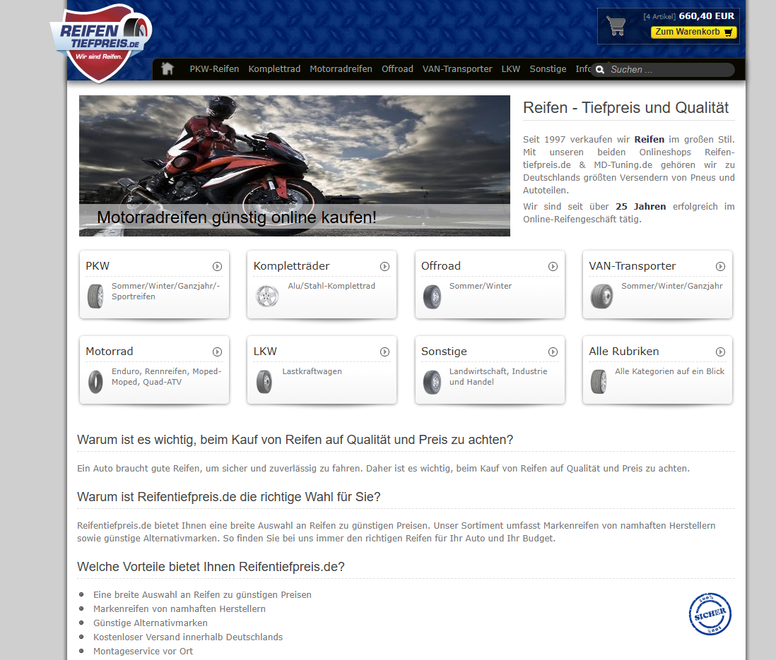 So sah unser bisheriger Shop aus — das Design von reifentiefpreis.live vor dem Relaunch