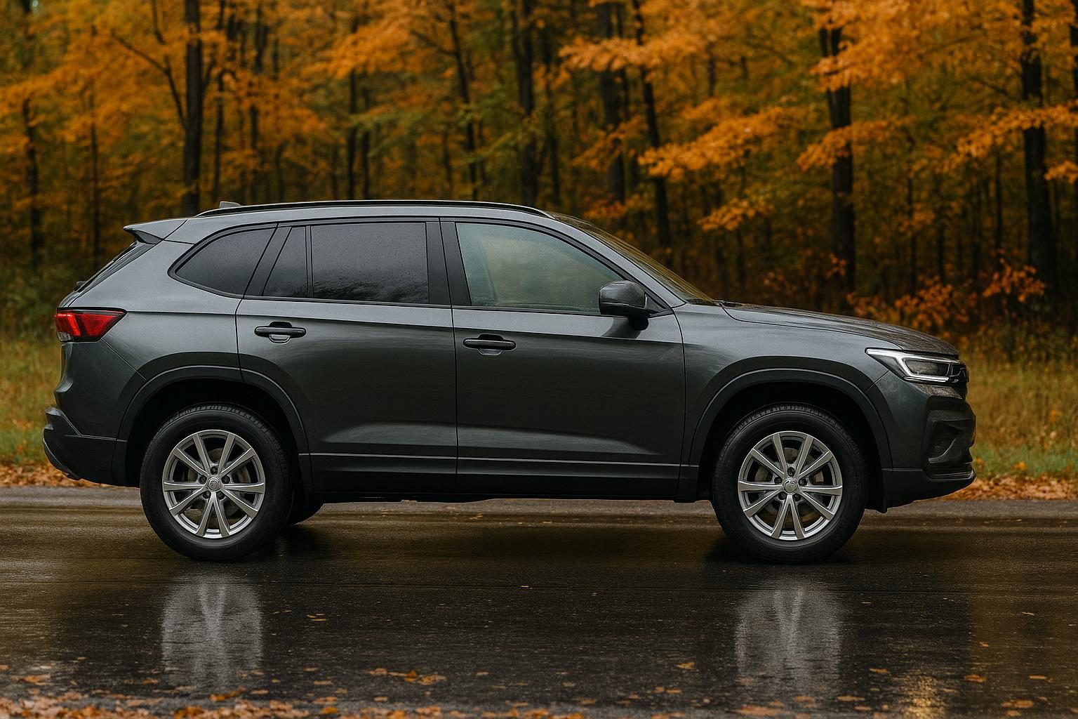 Allrad-SUV auf nasser Herbststraße, alle vier Reifen sichtbar (KI-generiert, OpenAI)