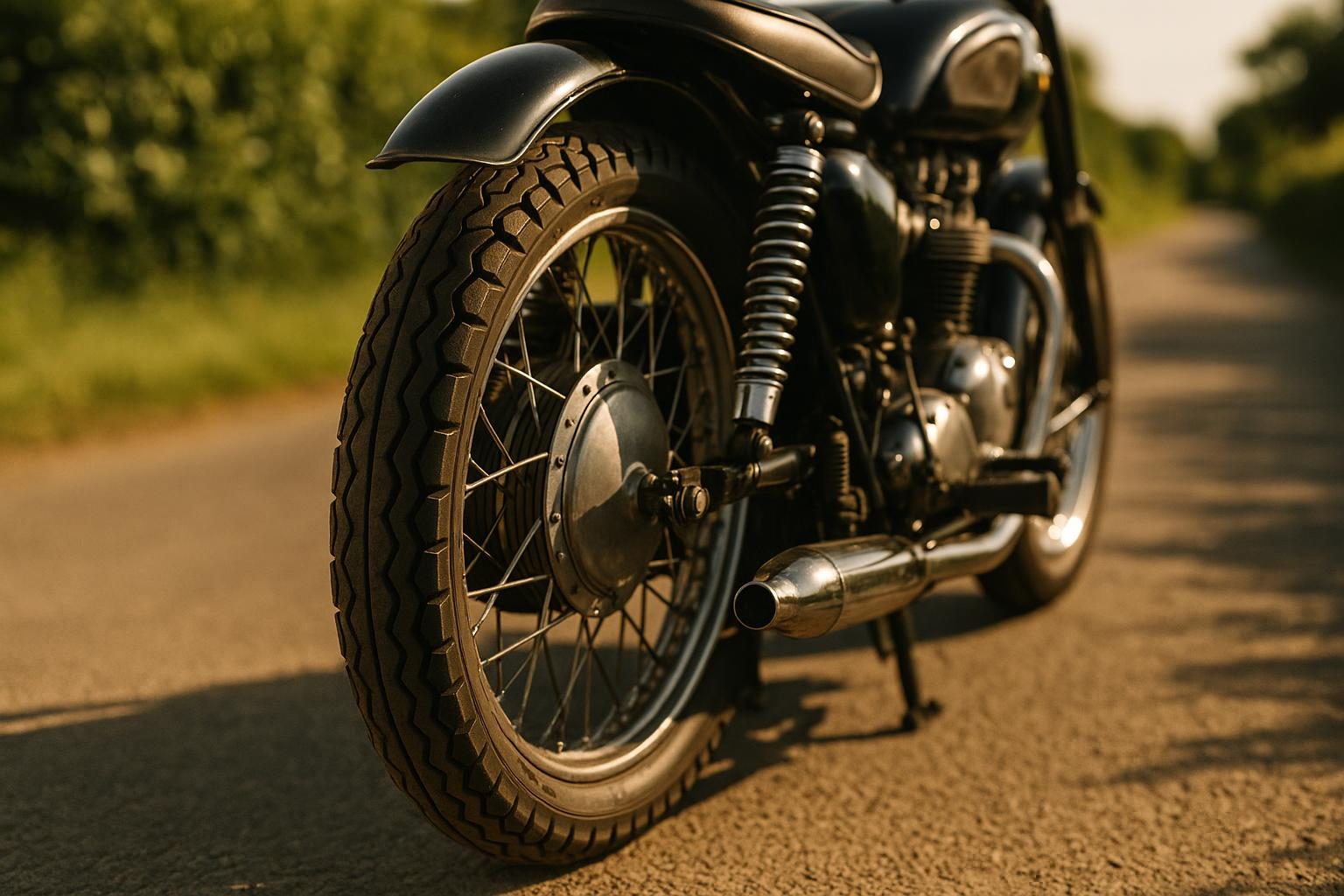 Hinterrad eines klassischen Motorrads auf der Landstraße (KI-generiert, OpenAI)