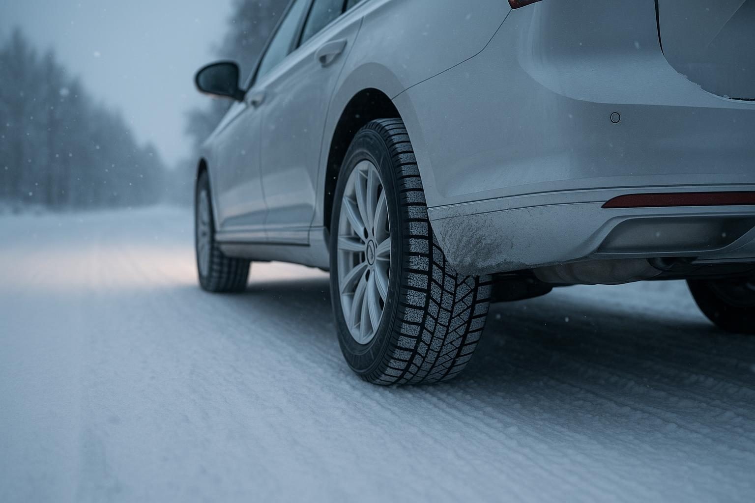 Auto mit Winterreifen auf verschneiter Landstraße (KI-generiert, OpenAI)