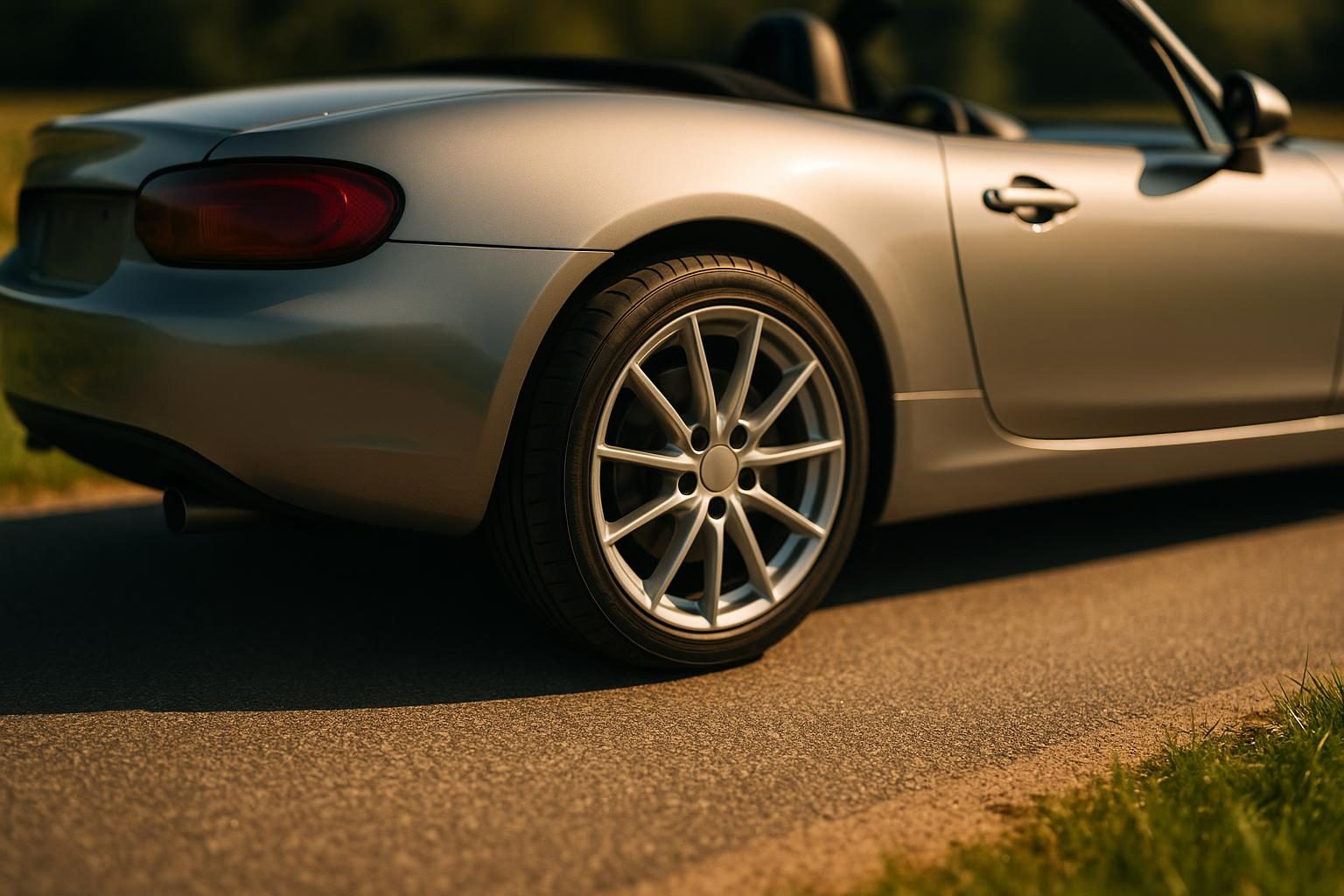 Hinterrad eines silbernen Roadster-Cabriolets mit Sommerreifen (KI-generiert, OpenAI)