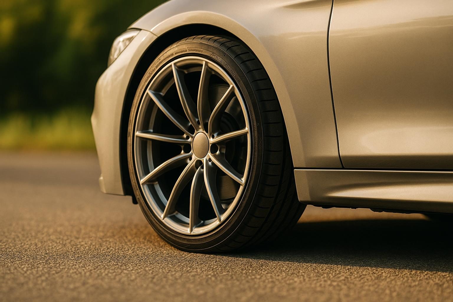 Vorderrad eines sportlichen Coupés mit UHP-Sommerreifen auf trockener Straße (KI-generiert, OpenAI)