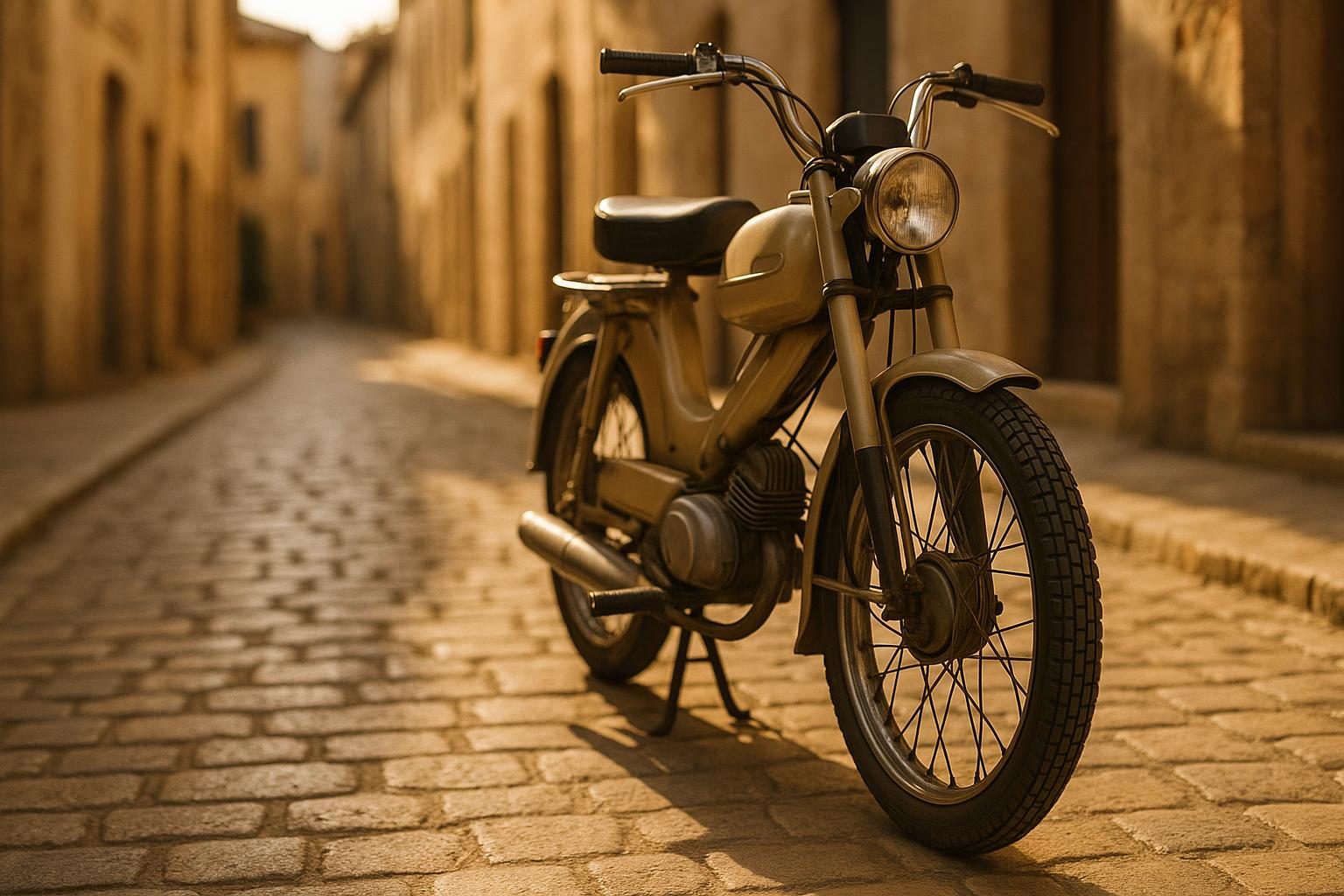 Klassisches Vintage-Moped mit schmalem Blockprofil-Reifen (KI-generiert, OpenAI)