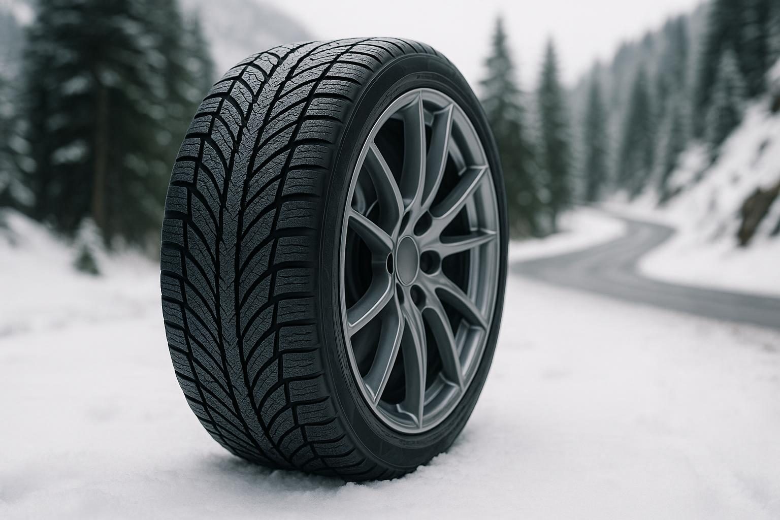 Winterreifen auf Alufelge im Schnee vor Bergstraße (KI-generiert, OpenAI)