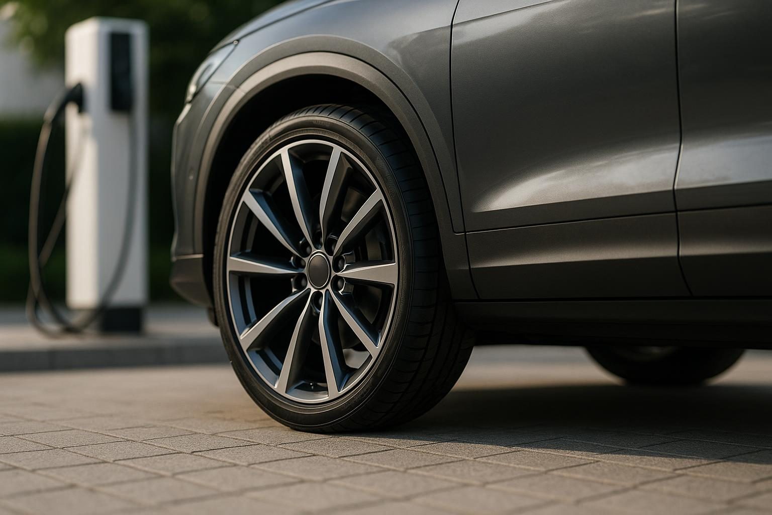 Rad eines elektrischen Premium-SUV mit UHP-Reifen an einer Ladesäule (KI-generiert, OpenAI)
