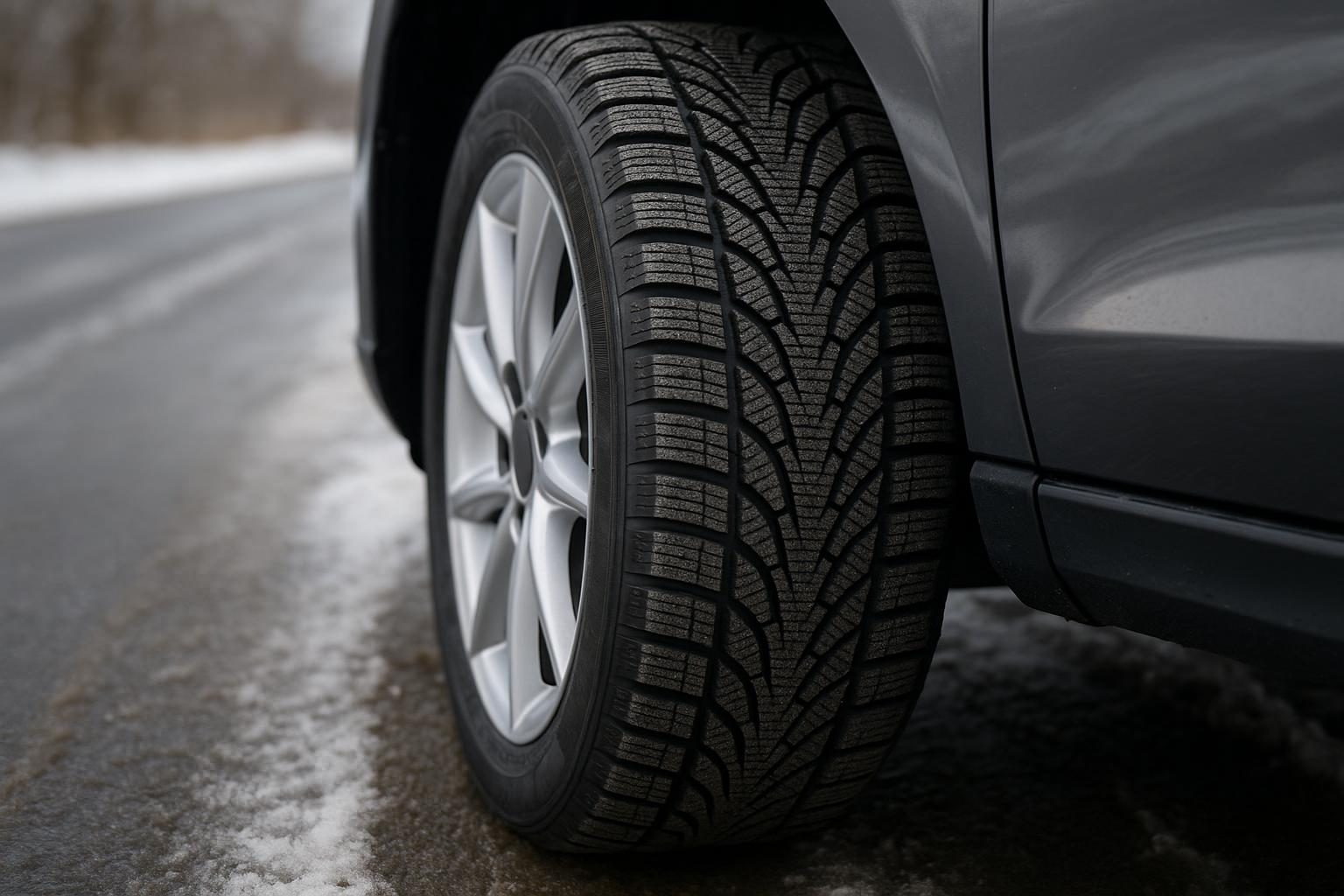 Premium-Winterreifen mit Lamellenprofil auf verschneiter Straße (KI-generiert, OpenAI)