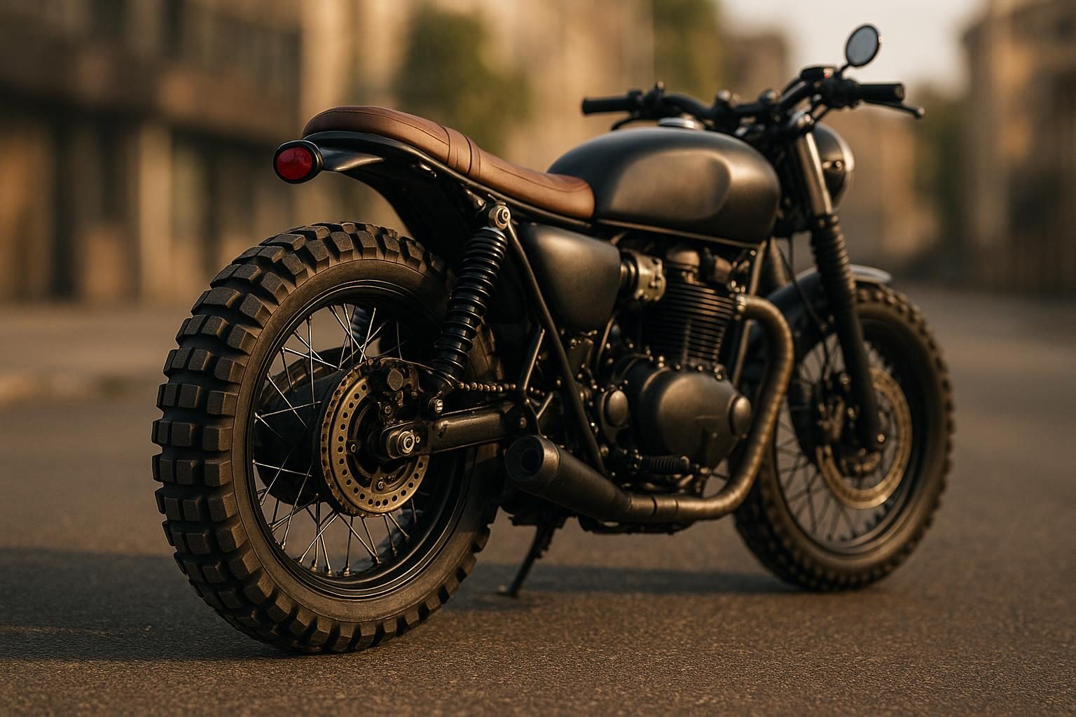 Café Racer mit grobstolligem Dual-Sport-Reifen (KI-generiert, OpenAI)