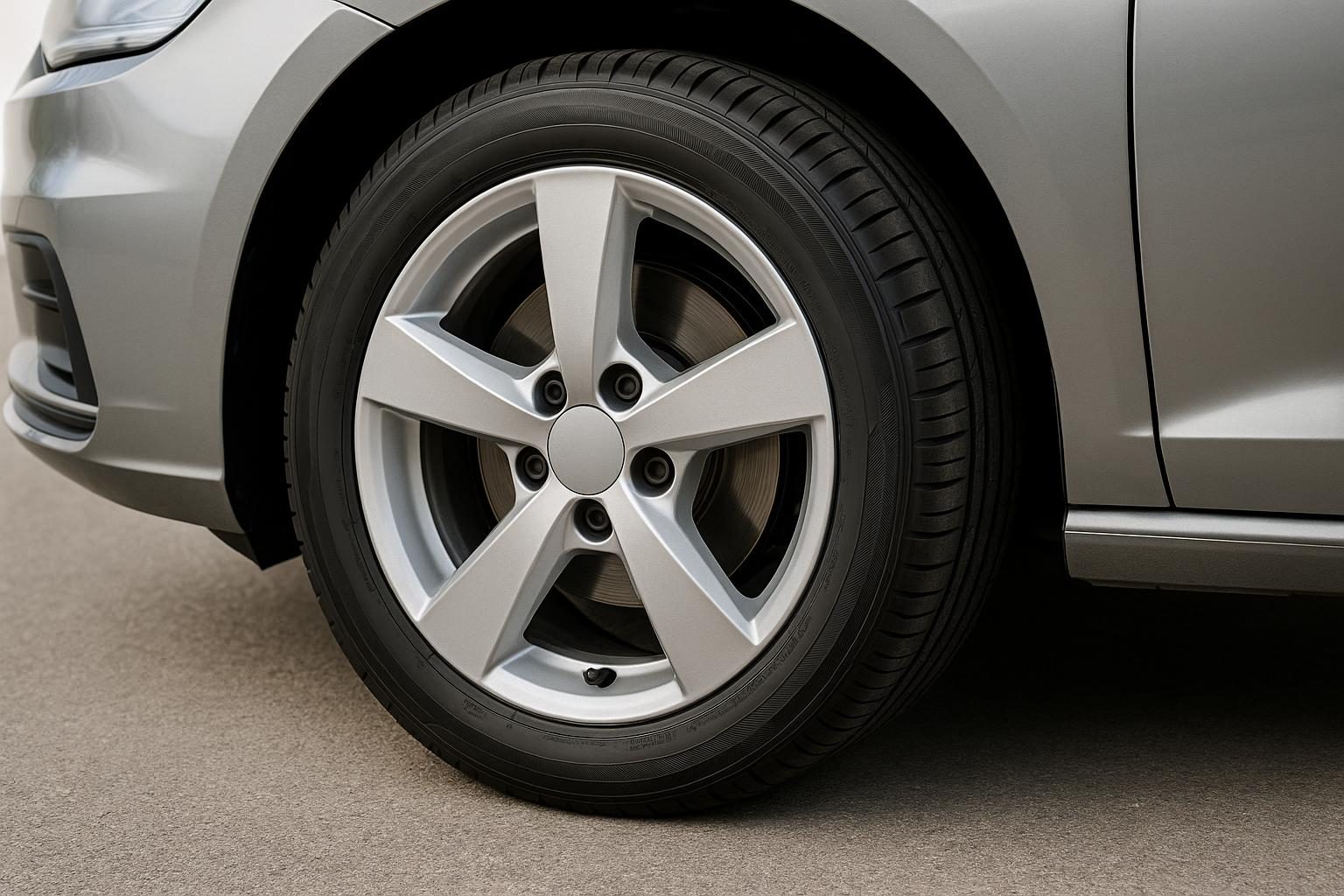 Vorderrad eines modernen Autos mit Aluminiumfelge und neuem Reifen (KI-generiert, OpenAI)