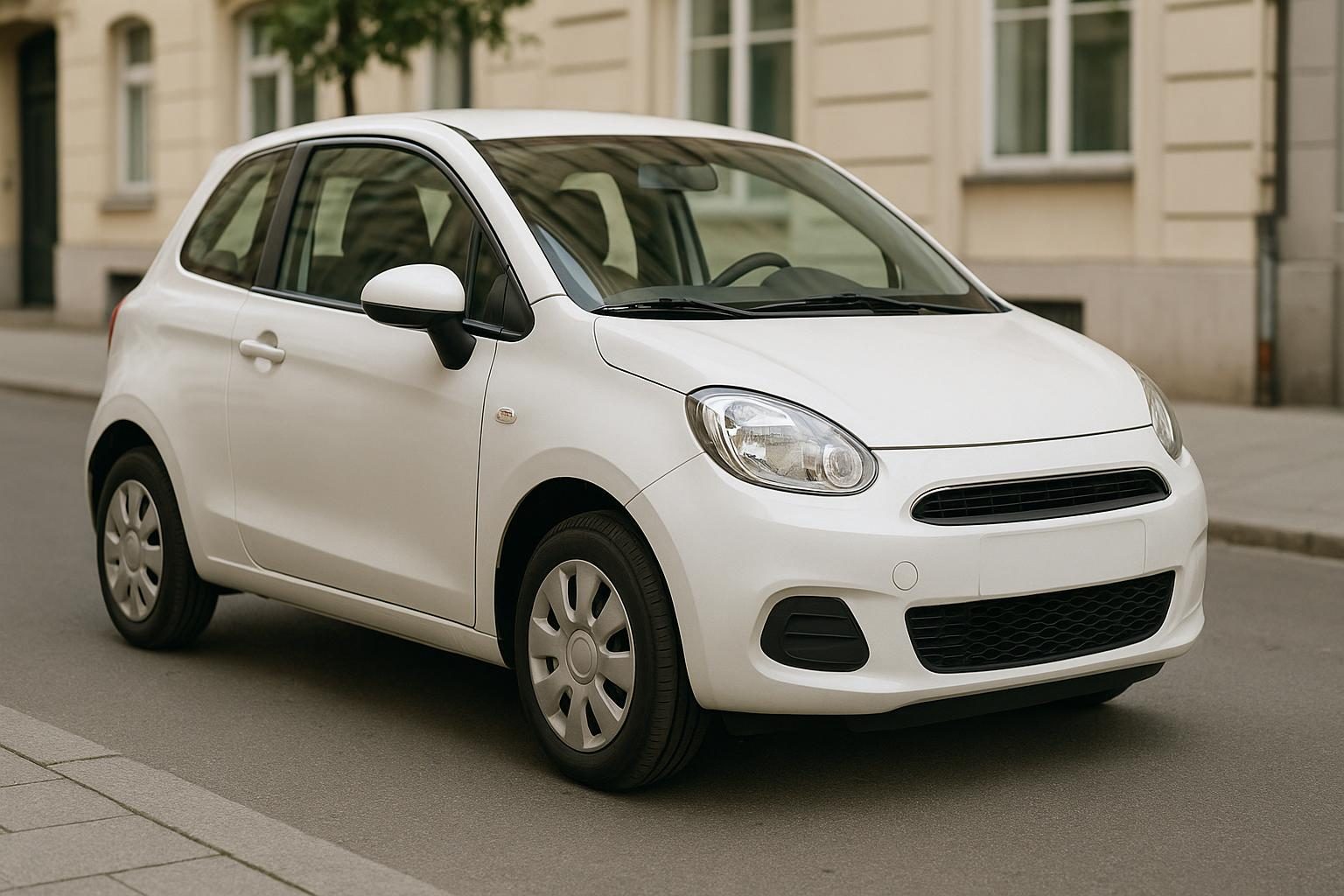Weißer Kleinwagen mit kleinen Rädern auf einer Stadtstraße (KI-generiert, OpenAI)