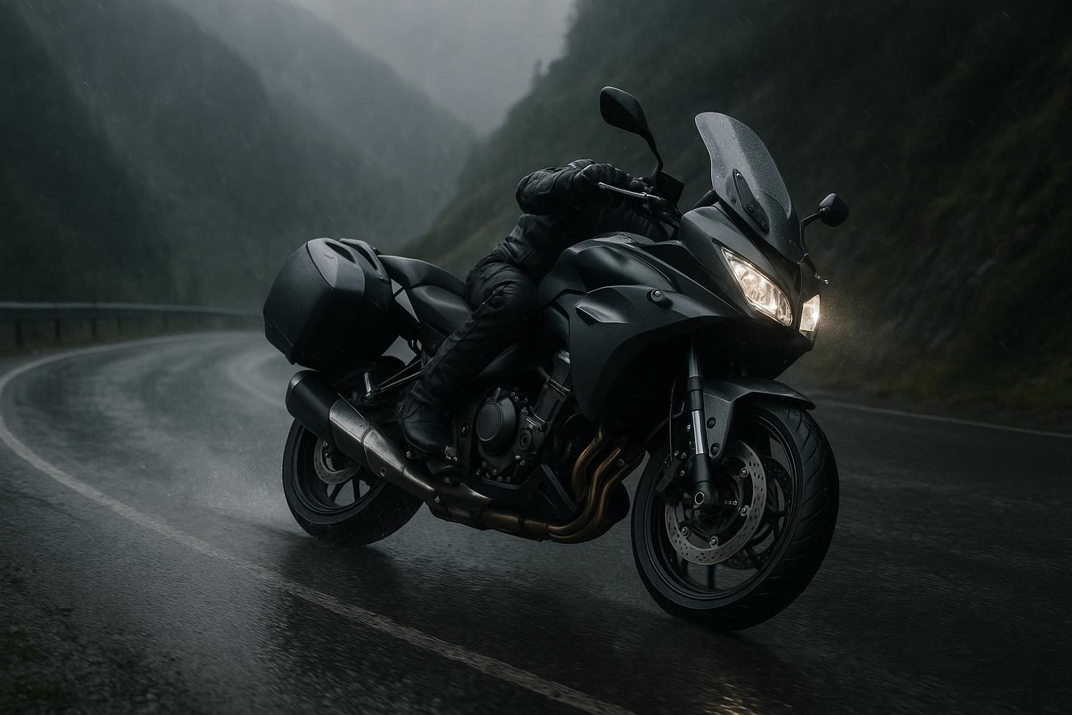 Sport-Touring-Motorrad in Schräglage auf nasser Passstraße (KI-generiert, OpenAI)