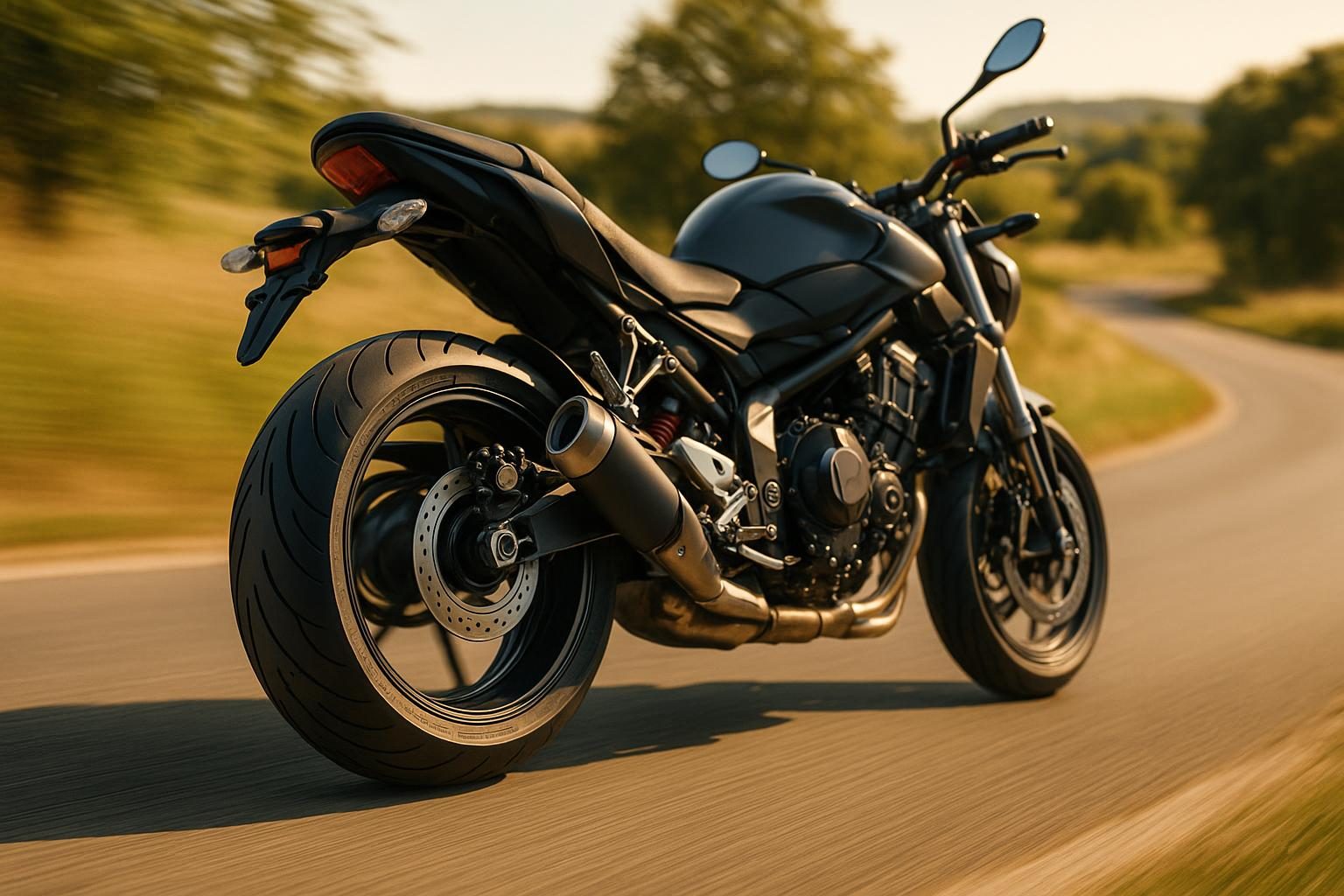 Naked Bike in Schräglage, Blick auf den Sport-Hinterreifen (KI-generiert, OpenAI)