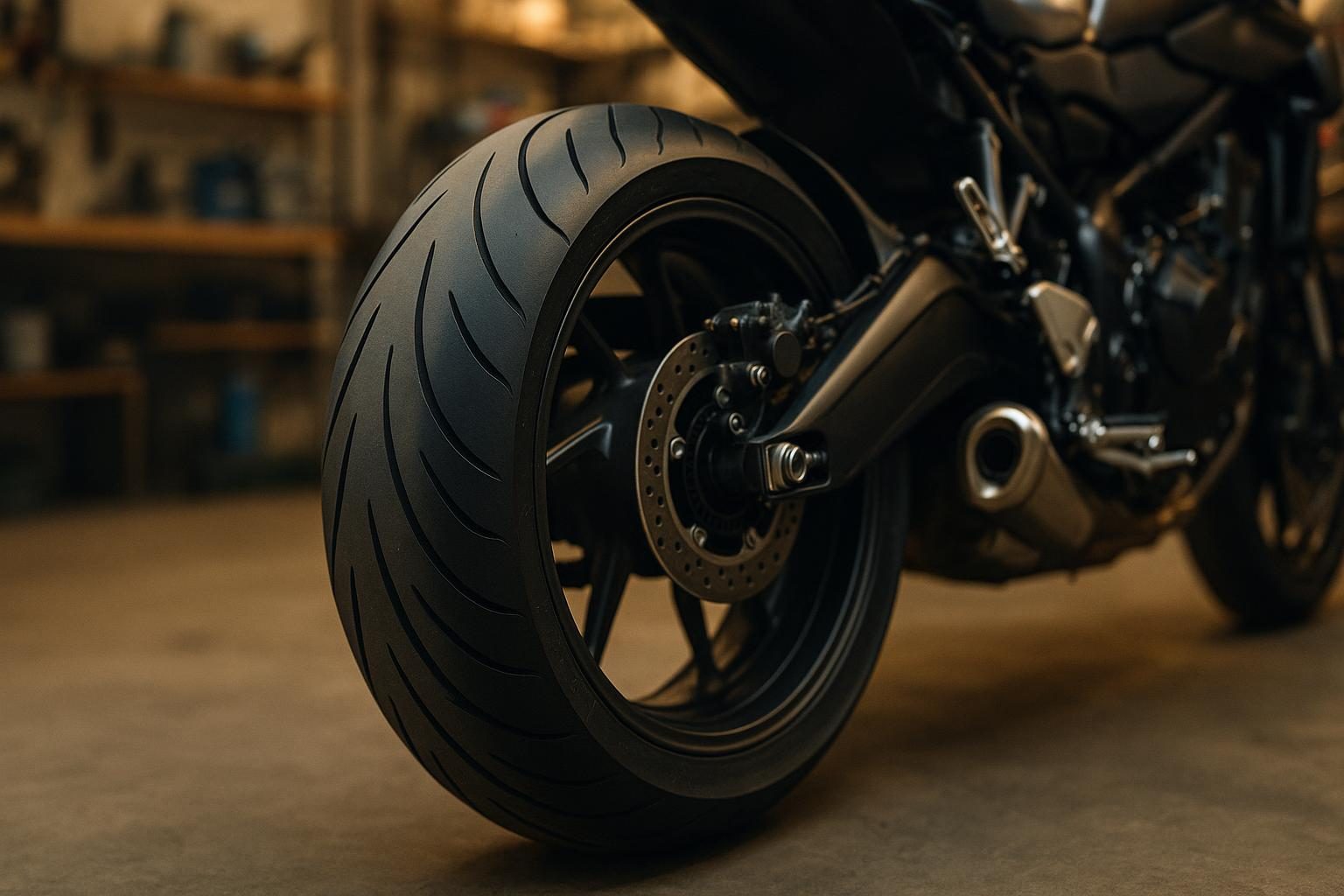 Breiter Sport-Hinterreifen auf dunkler Gussfelge am Hinterrad eines Naked Bikes