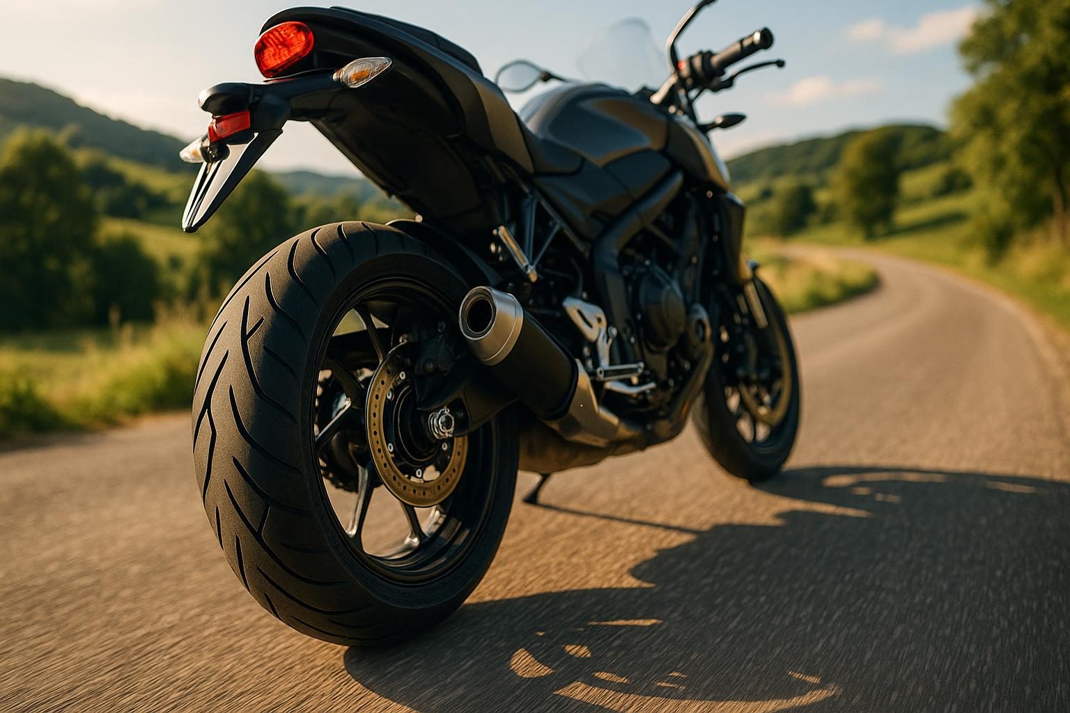 Motorrad auf sonniger Landstraße mit Blick auf den Hinterreifen (KI-generiert, OpenAI)