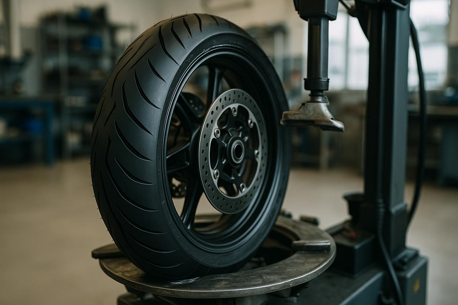 Motorrad-Hinterrad auf der Reifenmontiermaschine in der Werkstatt (KI-generiert, OpenAI)