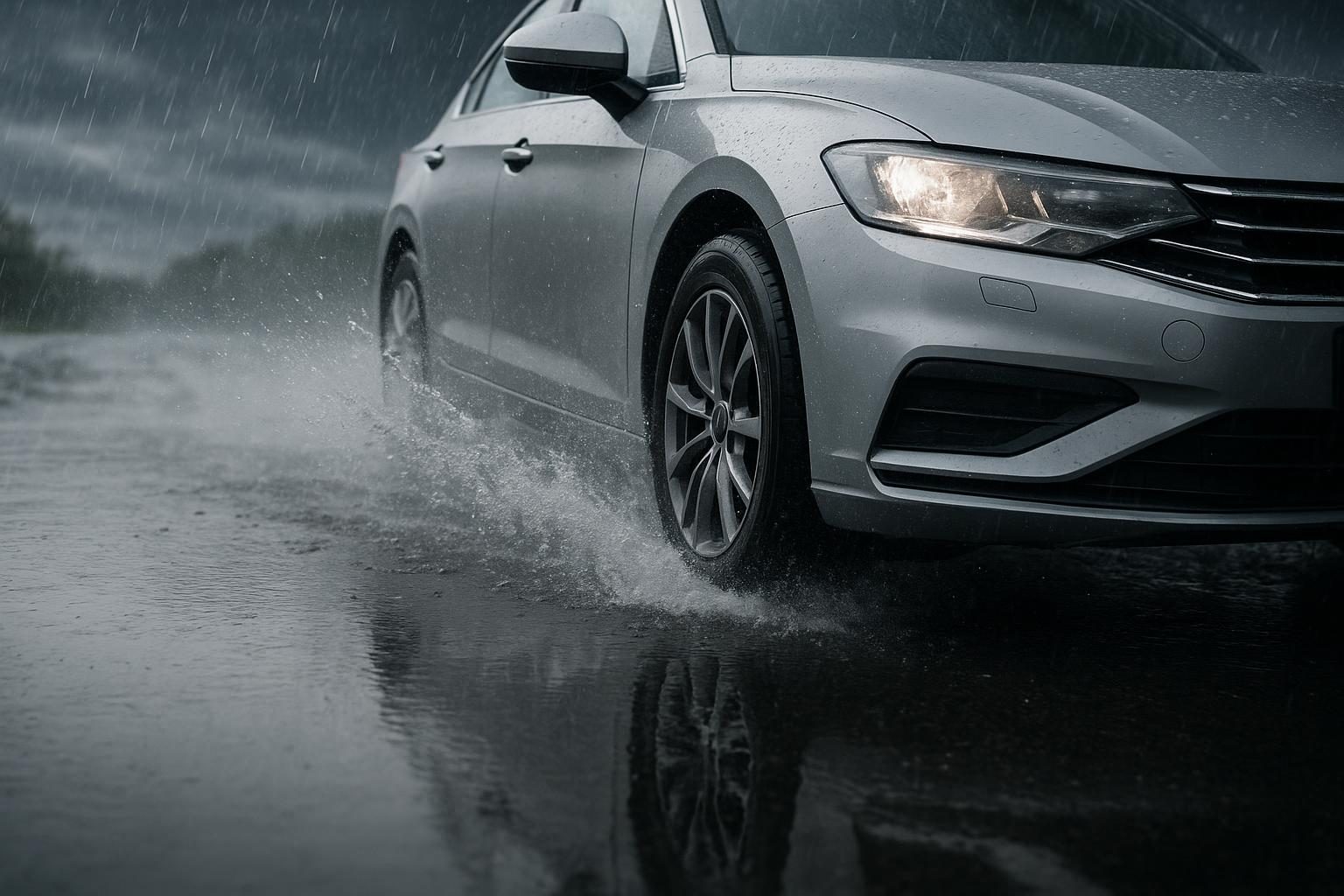 Auto bremst bei Regen auf nasser Straße, Gischt am Vorderrad (KI-generiert, OpenAI)