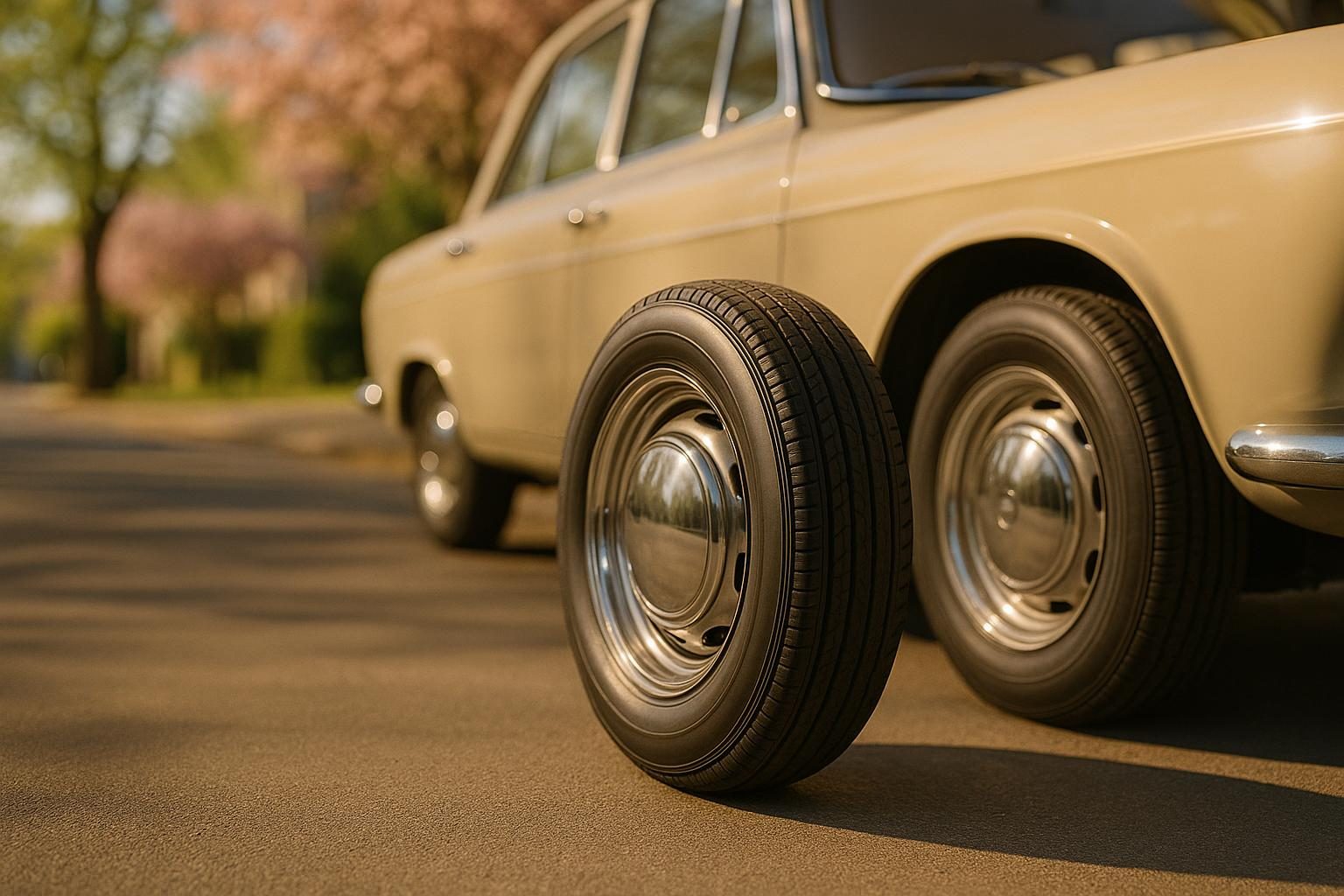 Klassischer Oldtimer mit schmalem Reifen und Chrom-Radkappe (KI-generiert, OpenAI)