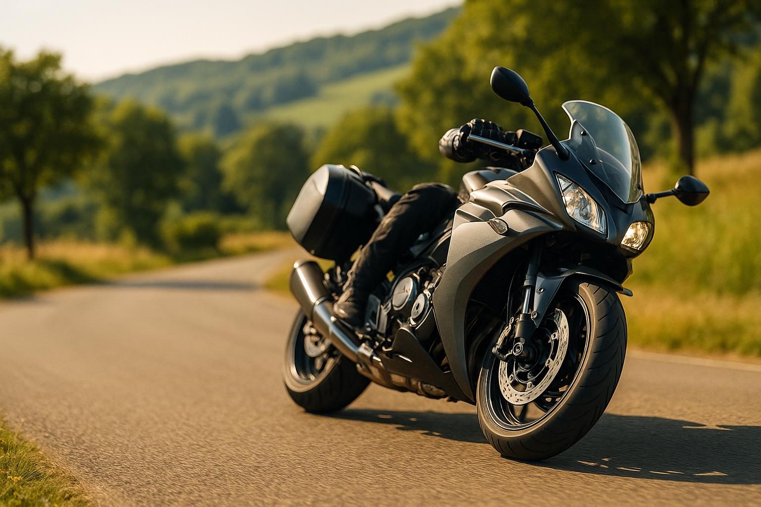 Sport-Tourer auf sonniger Landstraße, Reifen im Fokus (KI-generiert, OpenAI)