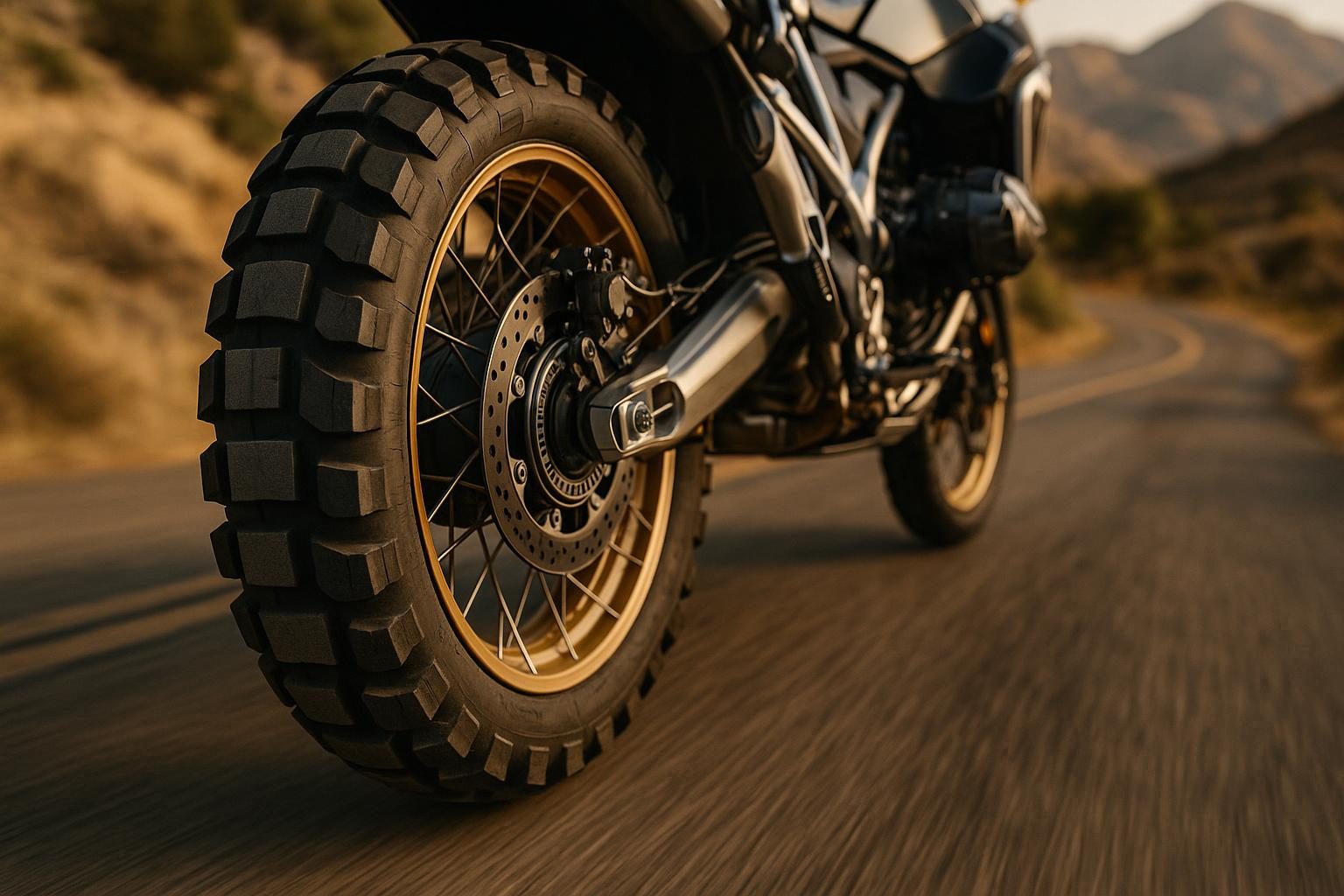 Reiseenduro-Hinterrad mit grobem Adventure-Profil auf Landstraße (KI-generiert, OpenAI)