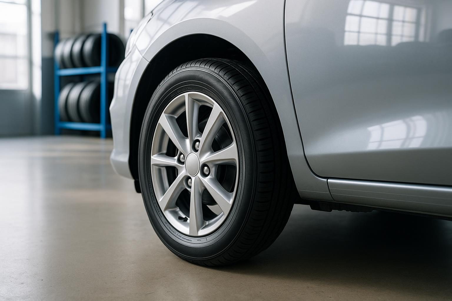15-Zoll-Alufelge mit Reifen 195/65 R15 am Kompaktwagen (KI-generiert, OpenAI)