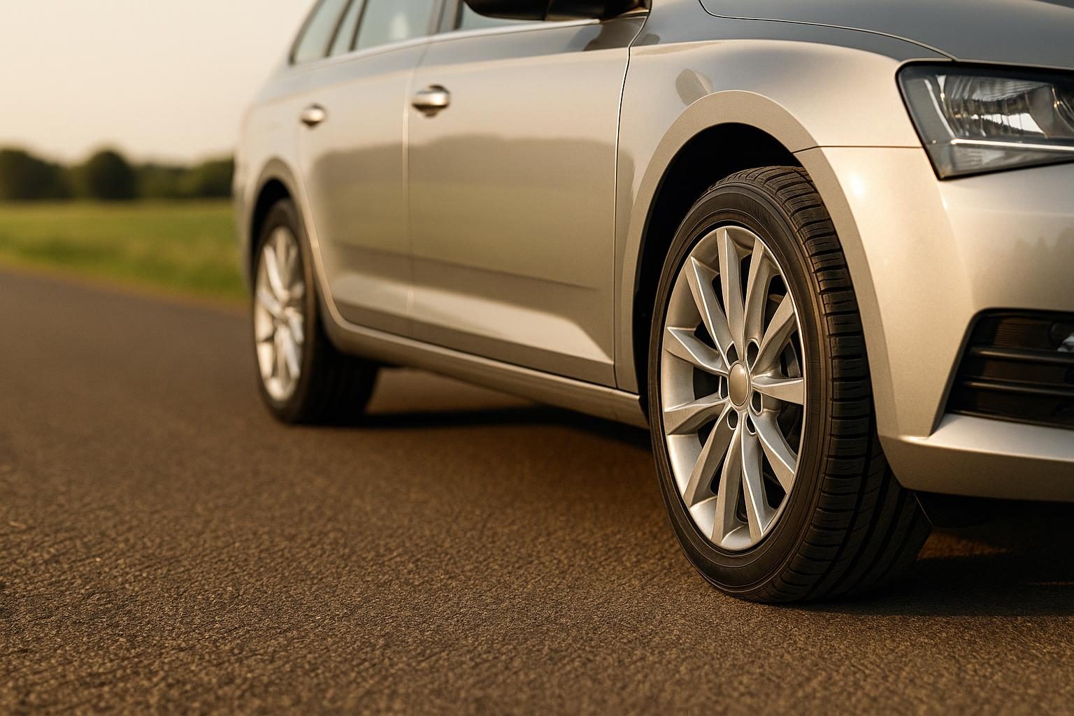 Vorderrad eines Kombis mit 225/50 R17 auf Landstraße (KI-generiert, OpenAI)