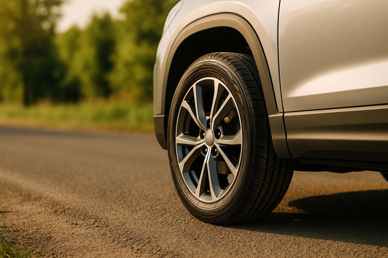 Vorderrad eines SUV mit Reifen der Größe 235/55 R17 (KI-generiert, OpenAI)
