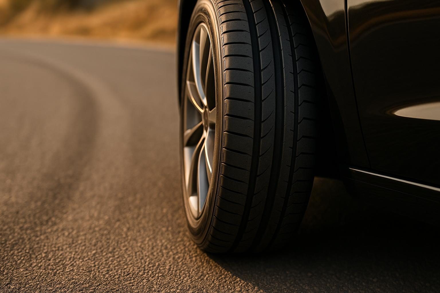 Nahaufnahme eines Sommerreifens auf trockenem Asphalt in einer Kurve (KI-generiert, OpenAI)