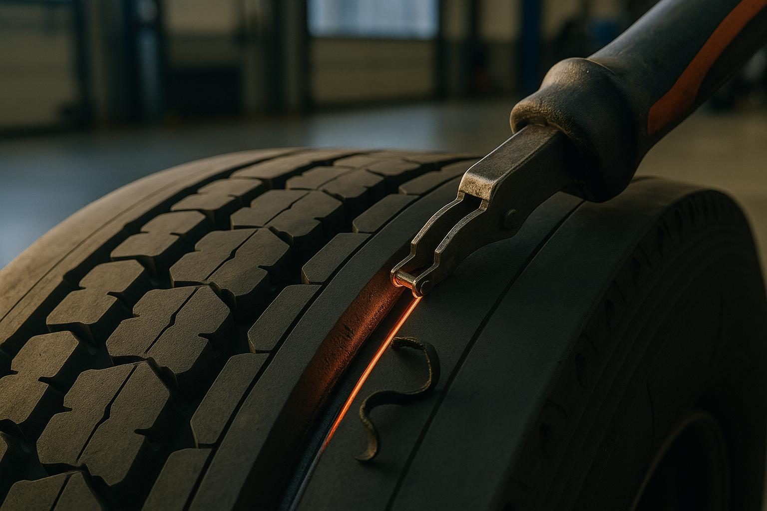 Nachschneidgerät schneidet eine neue Rille in einen Lkw-Reifen (KI-generiert, OpenAI)