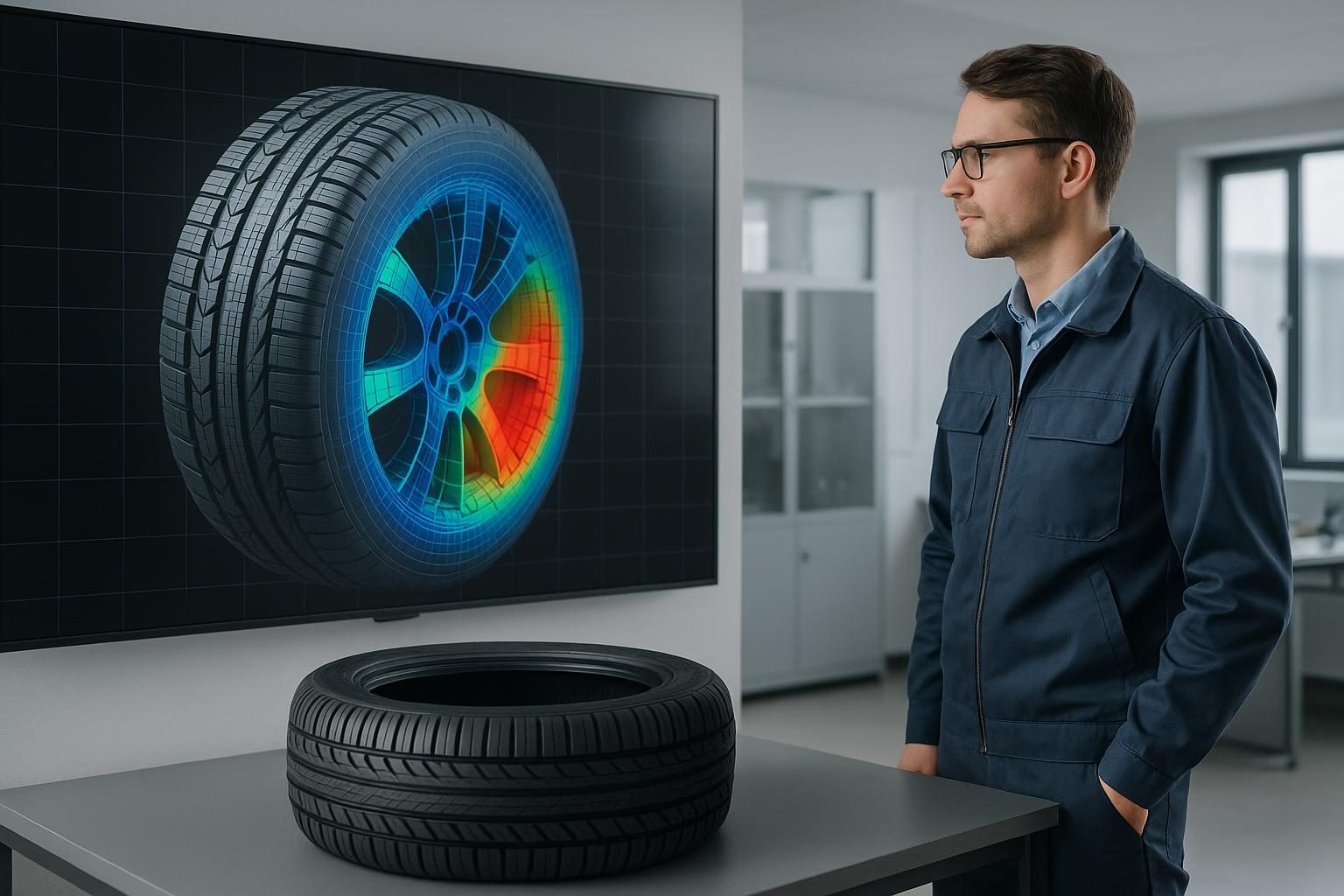 Ingenieur vor Monitorwand mit dem Simulationsmodell eines Reifens (KI-generiert, OpenAI)