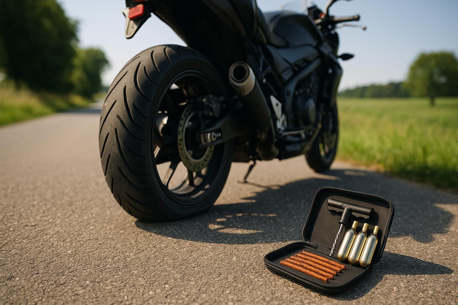 Motorrad an der Landstraße neben geöffnetem Reifen-Pannenset (KI-generiert, OpenAI)