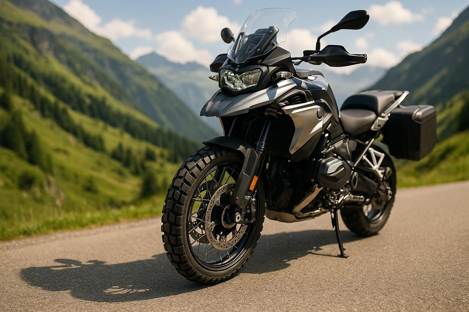 Reise-Enduro auf Bergstraße, Vorderrad mit 120/70 R19 (KI-generiert, OpenAI)