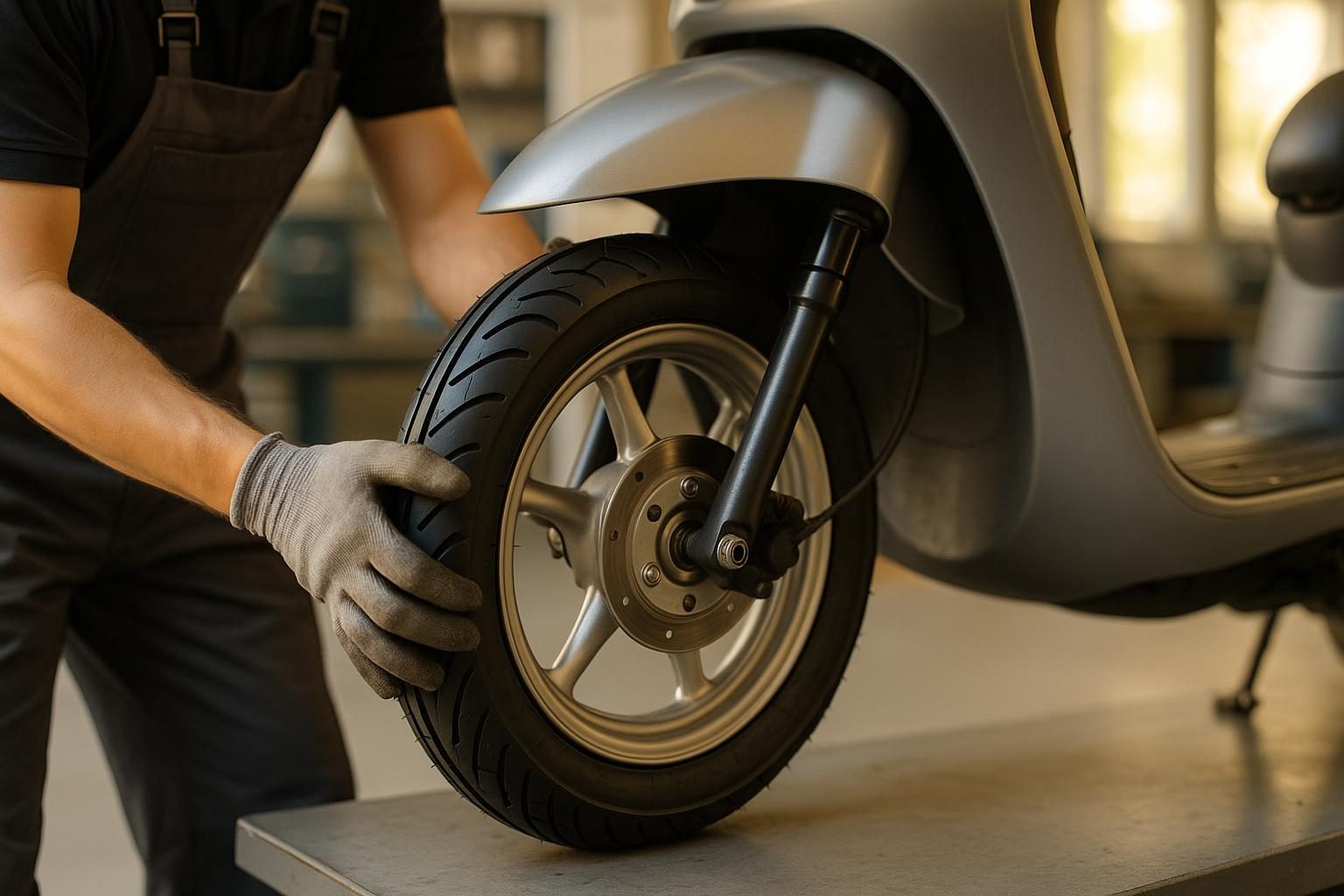 Mechaniker montiert einen neuen Rollerreifen am Vorderrad (KI-generiert, OpenAI)