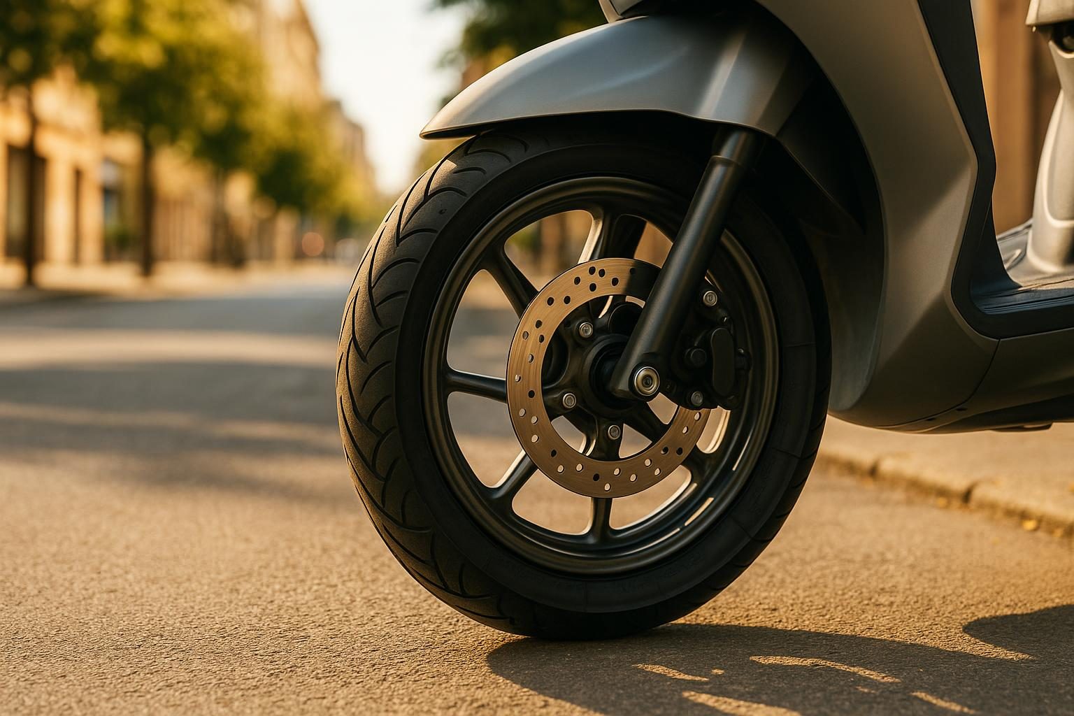 Vorderrad eines Motorrollers auf sonniger Stadtstraße (Symbolbild, KI-generiert, OpenAI)