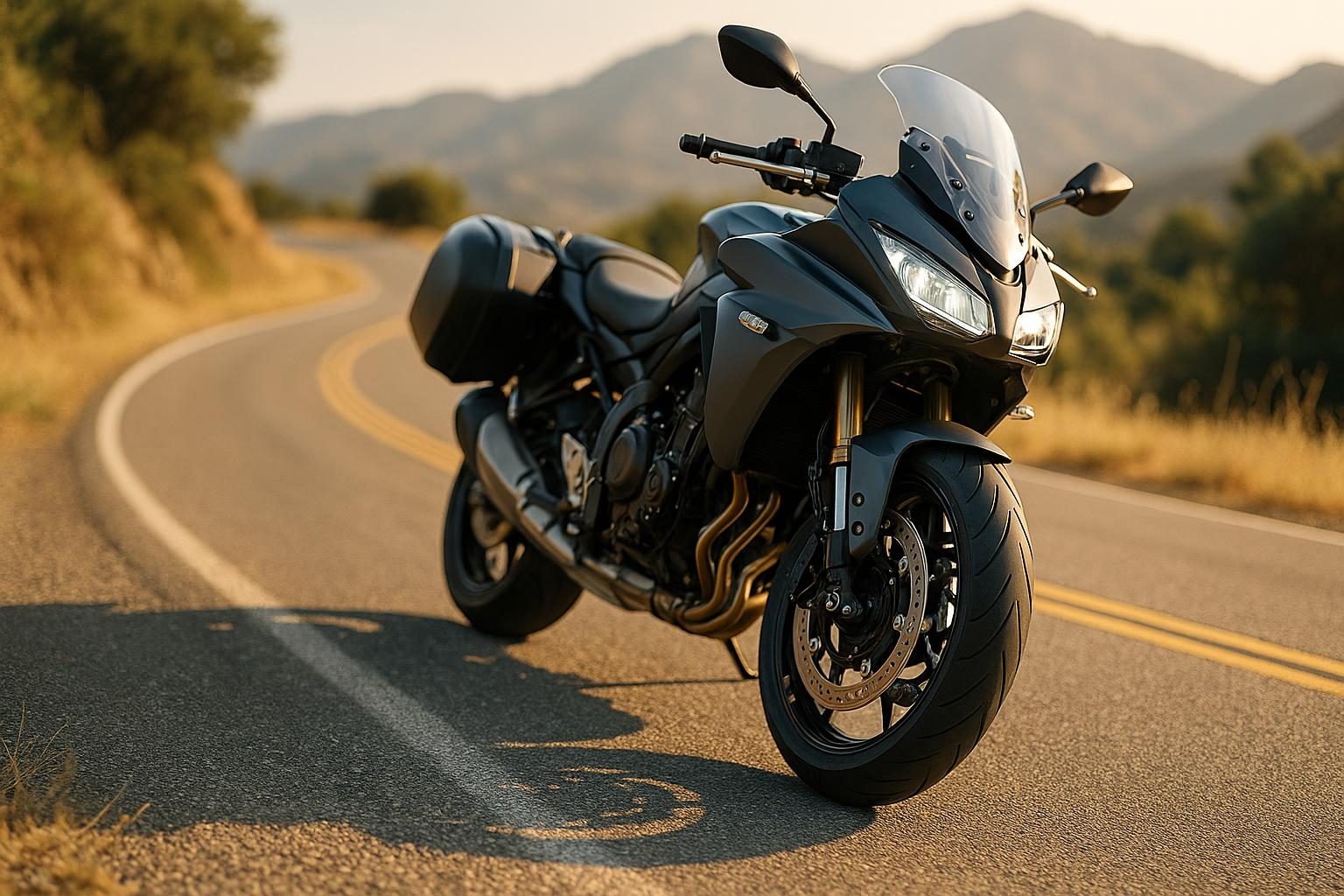 Sport-Touring-Motorrad in einer sonnigen Kurve, Vorderreifen im Fokus (KI-generiert, OpenAI)