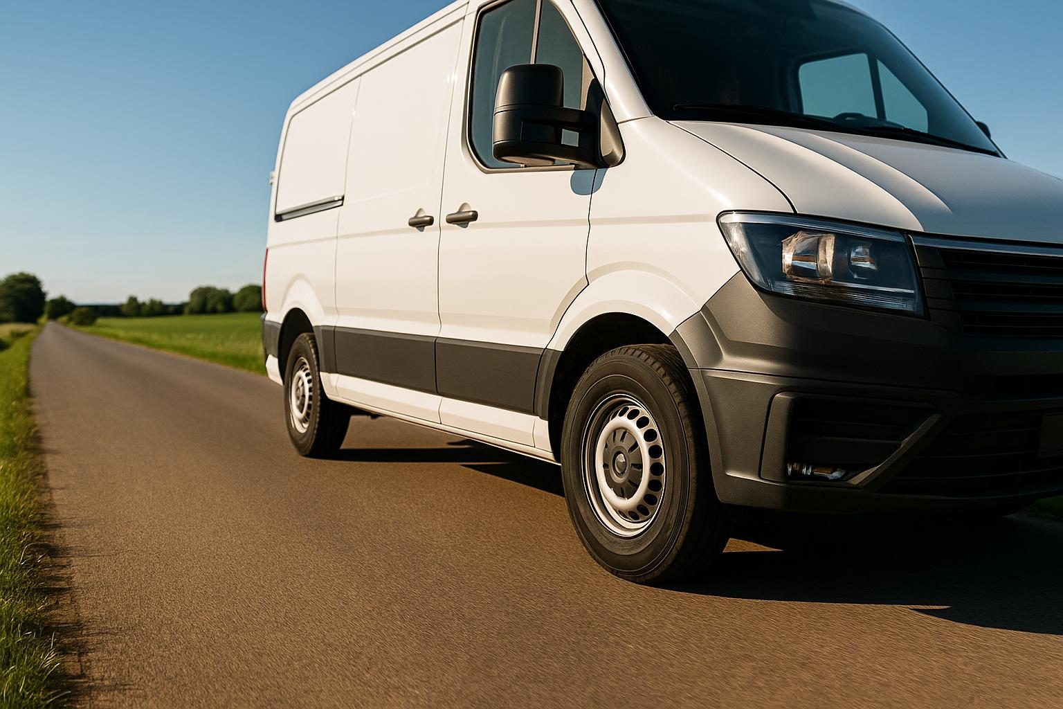 Weißer Transporter auf sommerlicher Landstraße, Fokus auf das Vorderrad (KI-generiert, OpenAI)