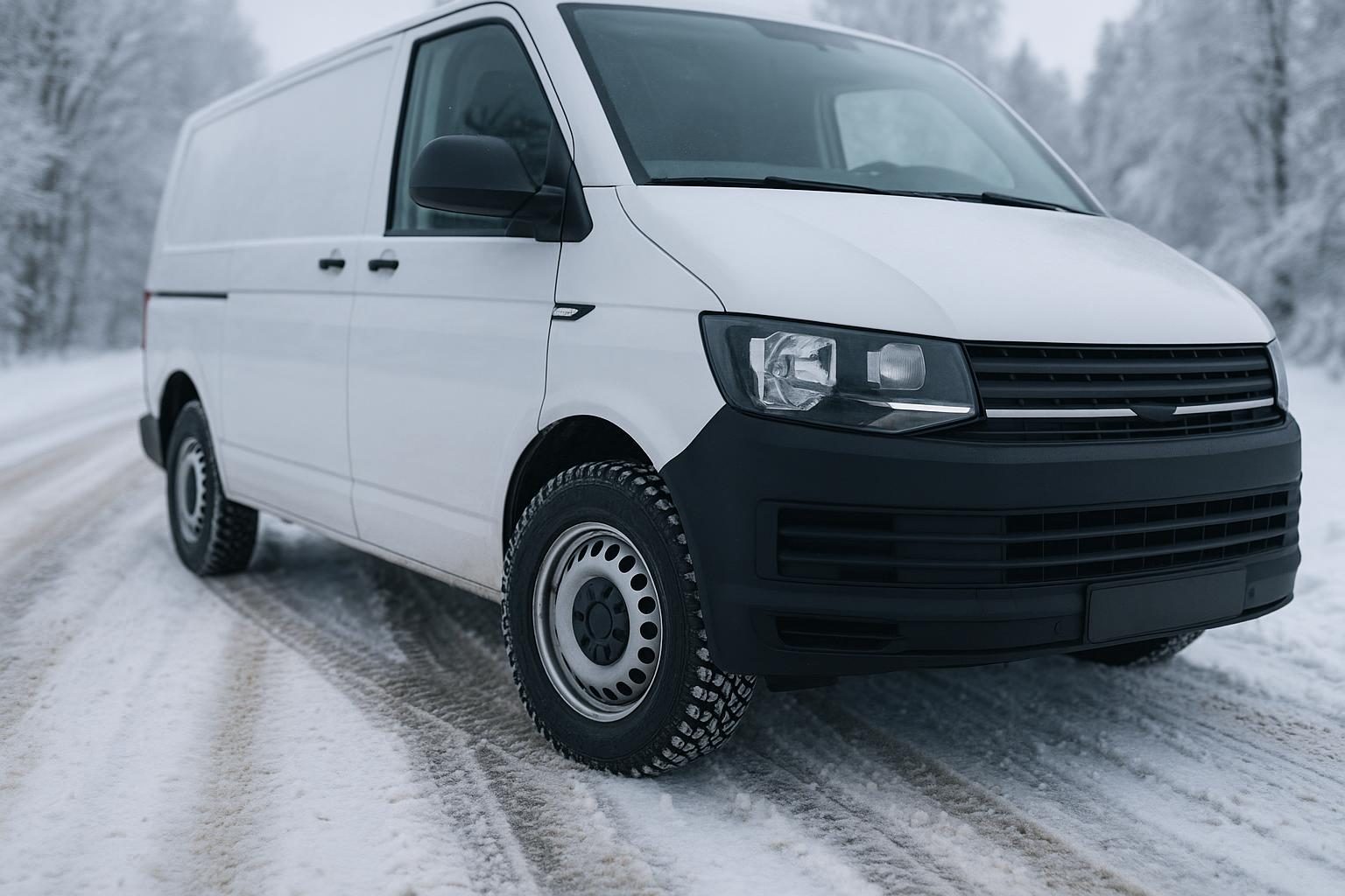 Weißer Kastenwagen mit Winterreifen auf schneebedeckter Straße (KI-generiert, OpenAI)