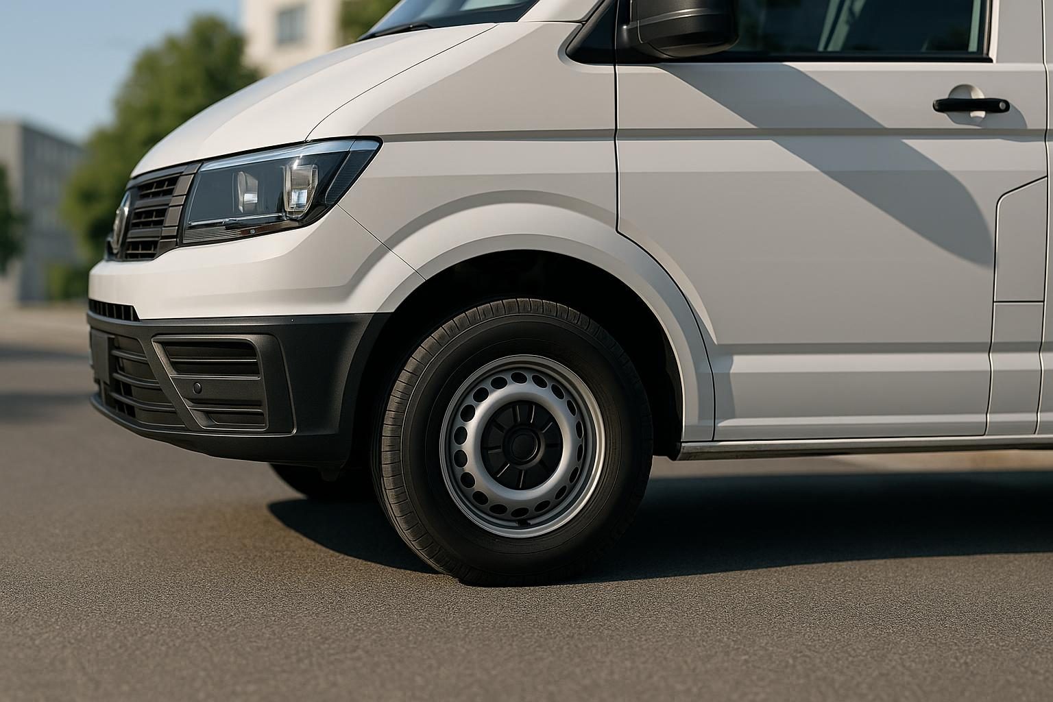 Weißer Transporter mit C-Reifen in 235/65 R16 auf Stahlfelge (KI-generiert, OpenAI)