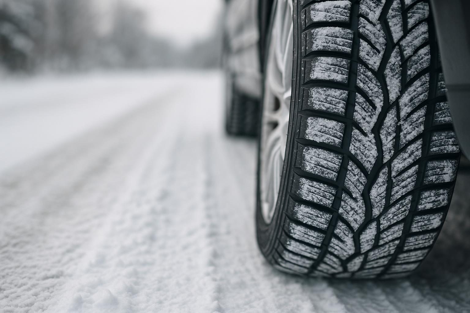 Winterreifen mit tiefem Profil auf schneebedeckter Straße (KI-generiert, OpenAI)