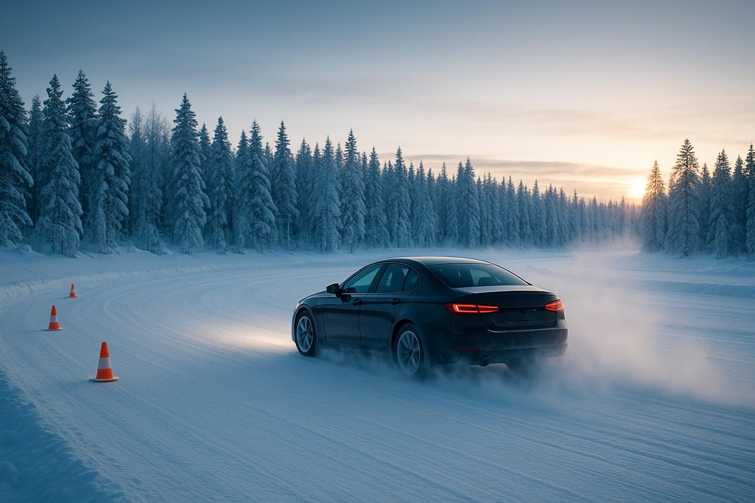 Testwagen bremst auf präparierter Schneepiste in Lappland – KI-generiert (OpenAI)