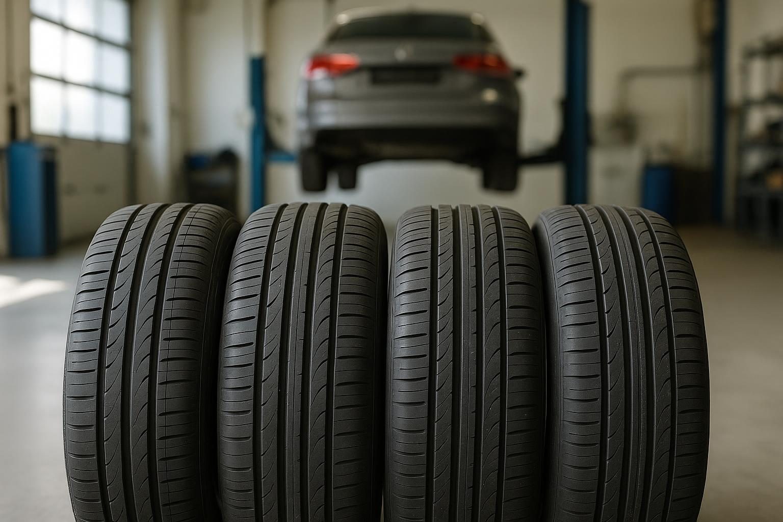 Vier neue Sommerreifen vor einem Auto auf der Hebebühne (KI-generiert, OpenAI)